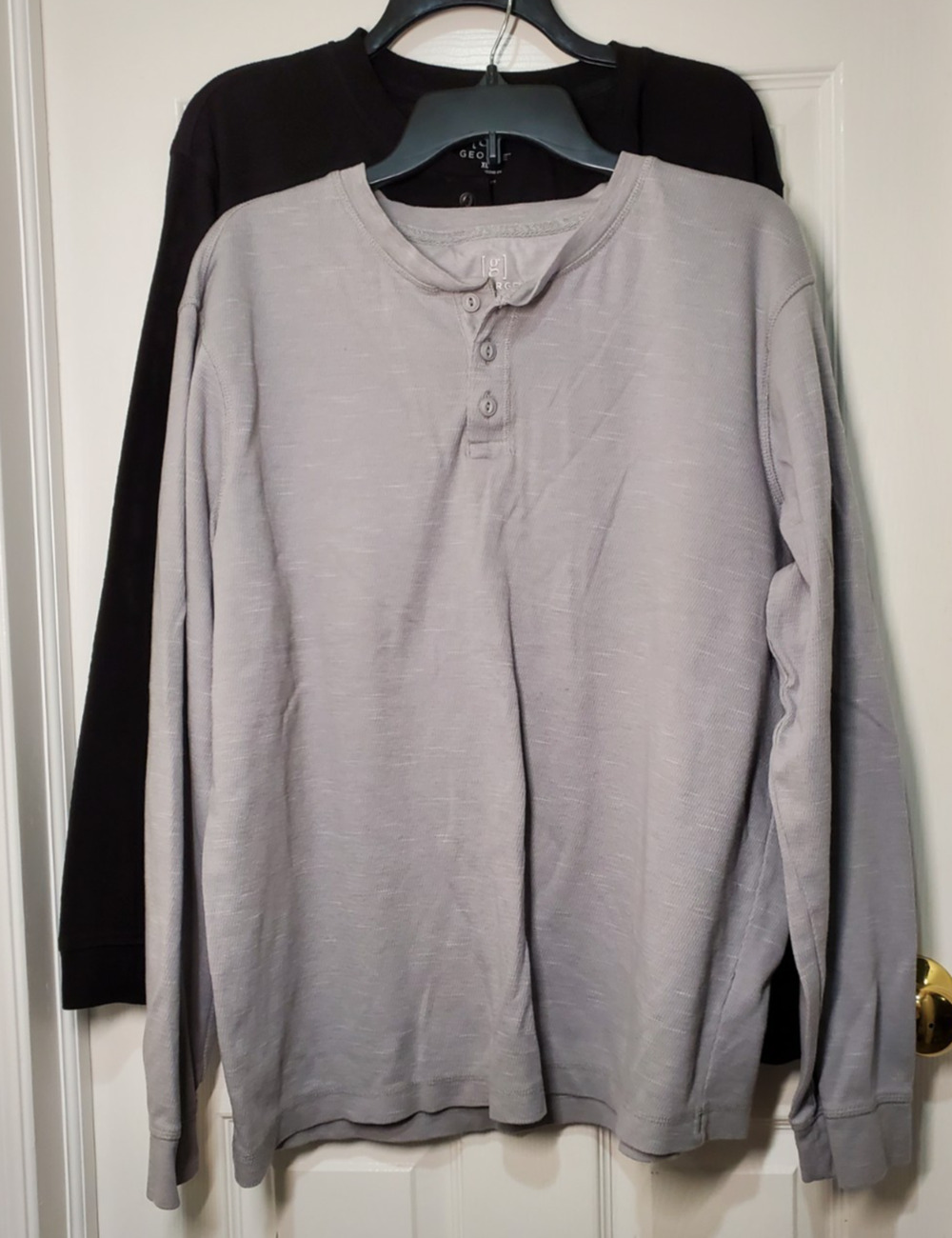 Lot 2 George Mens XL Waffle Knit Henley Shirts Long Sleeve Black Gray Casual